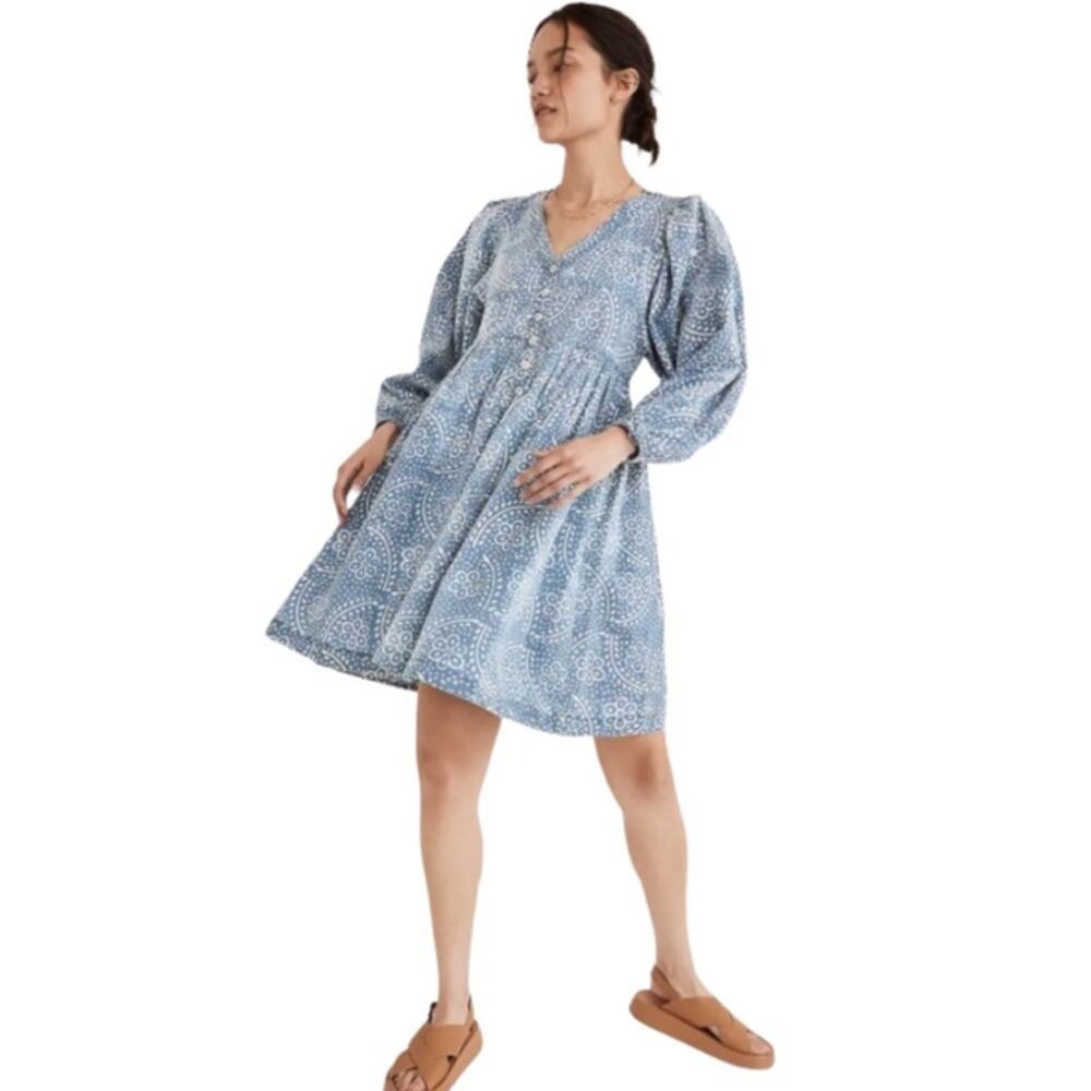 Madewell Bubble-Sleeve Button-Front Mini Dress in Indigo Paisley